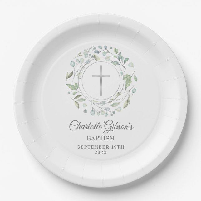 Plato De Papel Baptismo Christening Laurel Garland Silver Cross (Anverso)