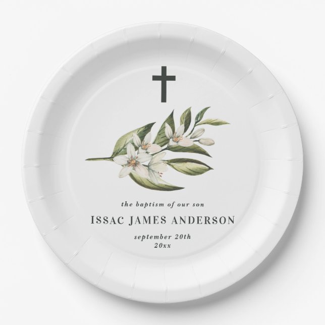 Plato De Papel Baptismo cristiano floración floral blanca (Anverso)