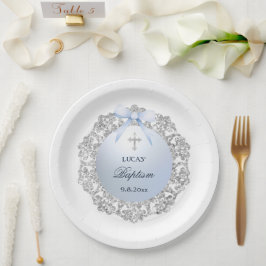 Plato De Papel Baptismo de armazón azul de Purpurina plateado