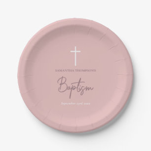 Plato De Papel Baptismo de la caligrafía de niña rosa