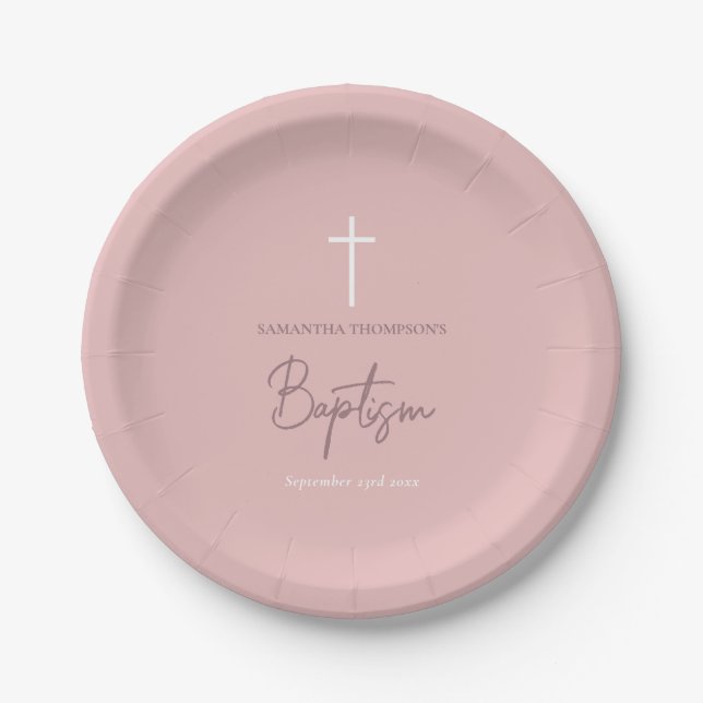 Plato De Papel Baptismo de la caligrafía de niña rosa (Anverso)