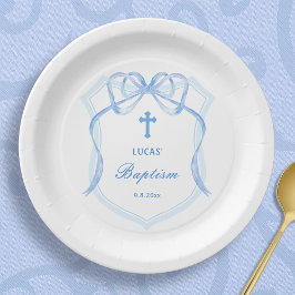 Plato De Papel Baptismo Escudo Blue Bow claro