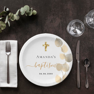Plato De Papel Baptismo eucalipto blanco dorado elegante