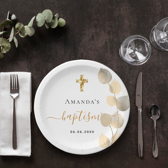 Plato De Papel Baptismo eucalipto blanco dorado elegante (Subido por el creador)