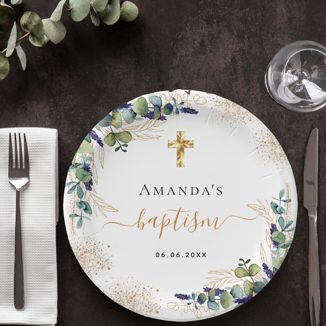 Plato De Papel Baptismo eucalipto verde purpurina monograma (Subido por el creador)