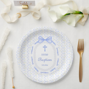 Plato De Papel Baptismo floral de marco de cinta azul
