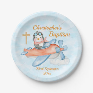 Plato De Papel Baptismo lindo acuarela bebé avión pingüino