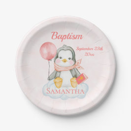 Plato De Papel Baptismo lindo acuarela Bebé Pingüino Rosa