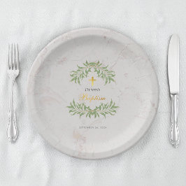 Plato De Papel Baptismo Marble Foliage Greenereneration Faux Gold