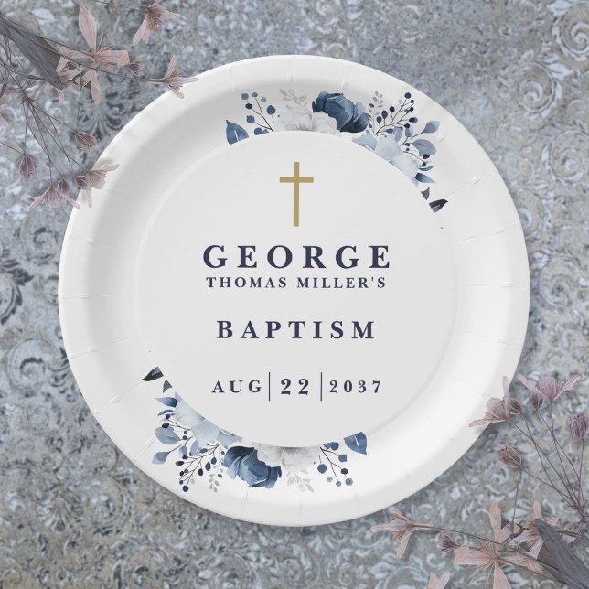 Plato De Papel Baptismo moderno botánico azul de la marina (Navy Blue Botanical Modern Baptism Paper Plates)