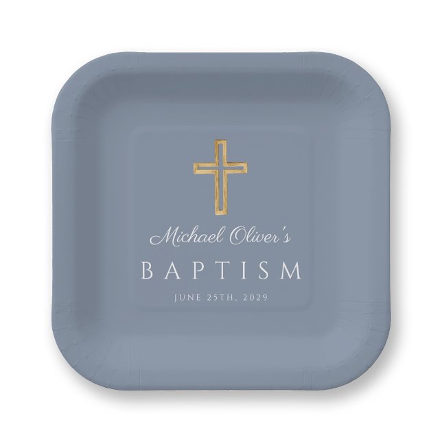 Plato De Papel Baptismo religioso de un niño cruzado con escritur (Religious Dusty Blue Script Cross Boy Baptism Paper Plates)