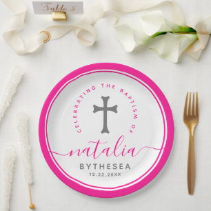 Plato De Papel Baptismo rosa Christening Naming Cross