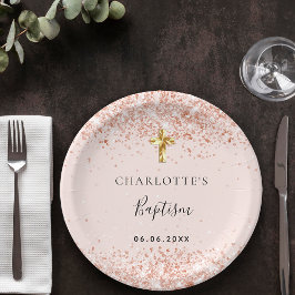 Plato De Papel Baptismo rosa rubio oro purpurina nombre chica