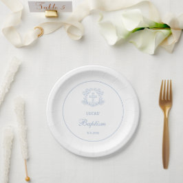 Plato De Papel Baptismo simple de la luz floral azul