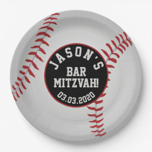 Plato De Papel Bar de béisbol personalizado Mitzvah rojo blanco