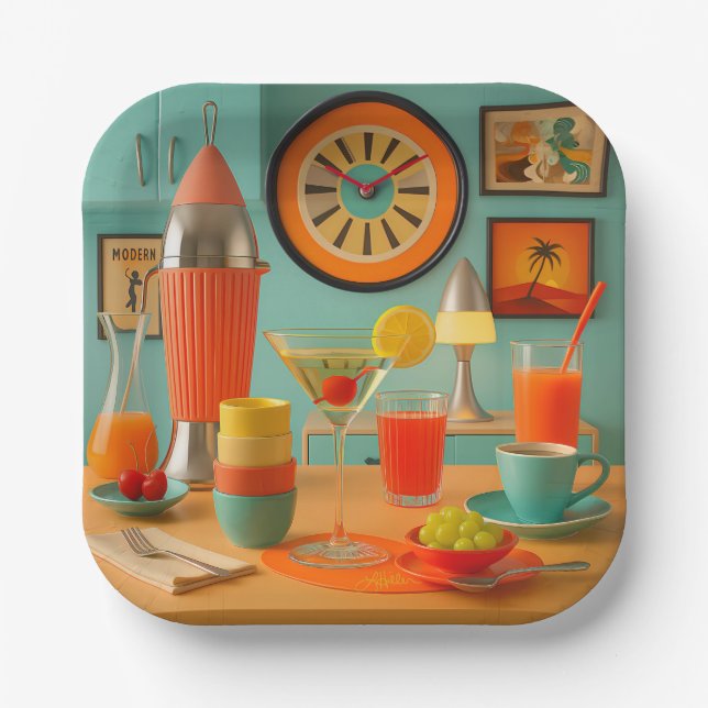 Plato De Papel Bar de desayunos Martini Retro Futurista Atómico (Anverso)