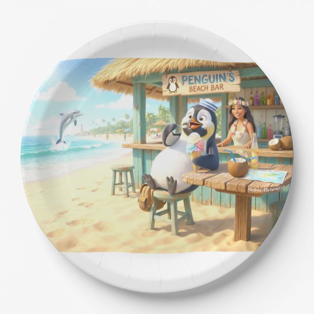 Plato De Papel Bar de playa del pingüino (Anverso)