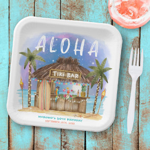 Plato De Papel Bar de Tiki Playa Luna Estrellas Cumpleaños Tropic