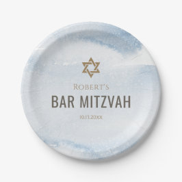 Plato De Papel Bar Mitzvah de Acuarela Azul Polvoriento