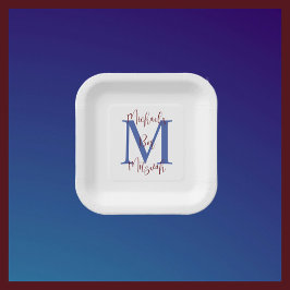 Plato De Papel Bar Mitzvah Nombre blanco azul borgoña Monograma