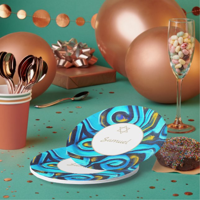 Plato De Papel Bar Mitzvah Patrón judío moderno azul (Multi)