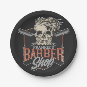 Plato De Papel Barbería personalizada Hipster Skull y Razors