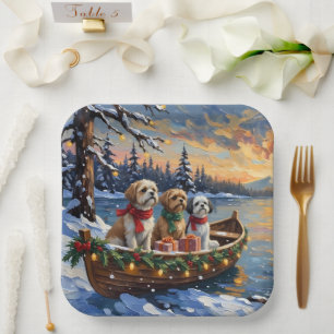 Plato De Papel Barca de Navidad con Shih Tzu Fiesta