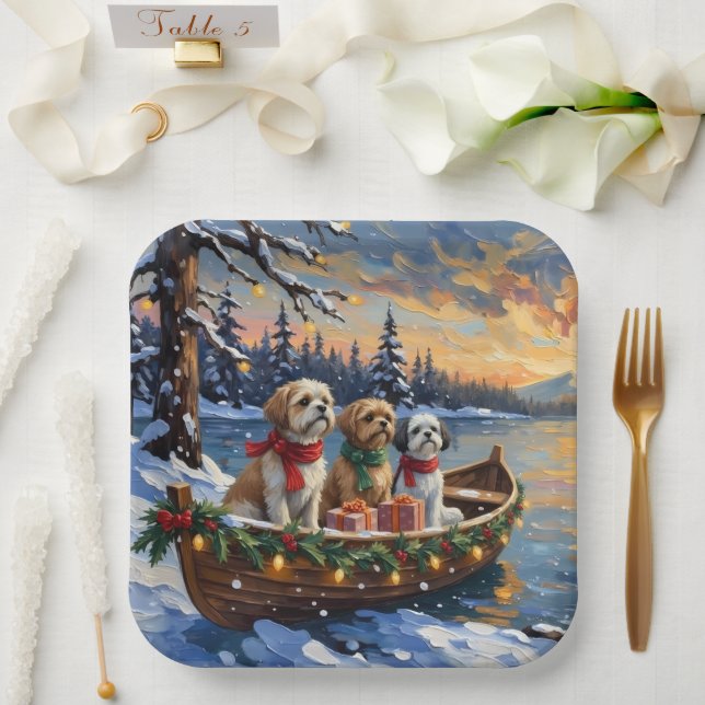 Plato De Papel Barca de Navidad con Shih Tzu Fiesta (Boda)
