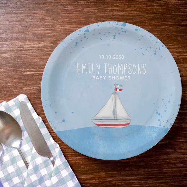 Plato De Papel Barco acuático moderno y rústico de Baby Shower (Cute watercolor sailboats custom baby shower paper plate. )
