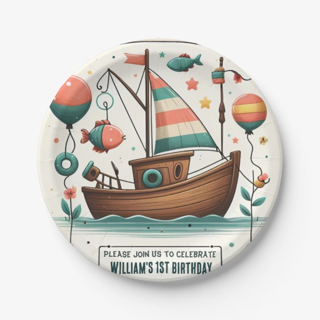 Plato De Papel barco de alegría lindo chico Fish ofishally un pri (Anverso)