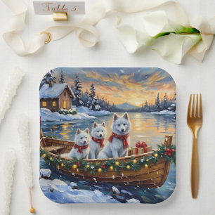 Plato De Papel Barco de Navidad de Samoyedo Blanco Fiesta
