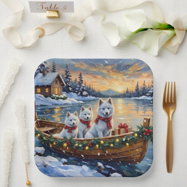 Plato De Papel Barco de Navidad de Samoyedo Blanco Fiesta (Boda)