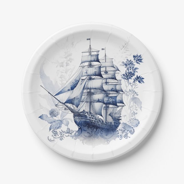 Plato De Papel Barco de vela de estilo Delft azul y blanco en el  (Anverso)