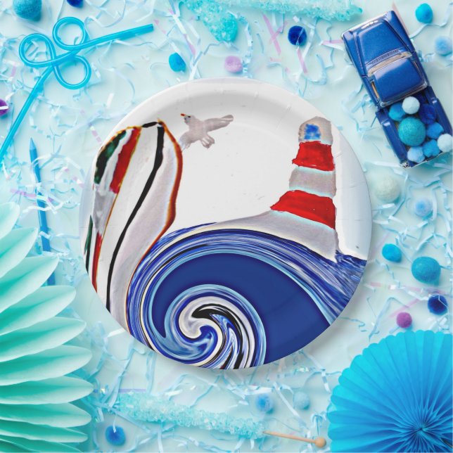 Plato De Papel Barco de vela Faro Náutico (Fiesta)