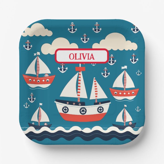 Plato De Papel Barco de vela rojo y blanco lindo con anclas (Anverso)