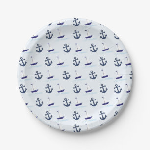 Plato De Papel Barco de vela y patrón de anclaje azul