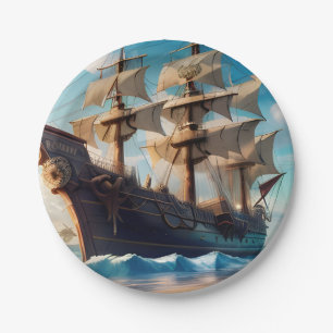 Plato De Papel Barco Pirata de Playa Tropical