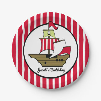 Plato De Papel Barco pirata franjas rojas