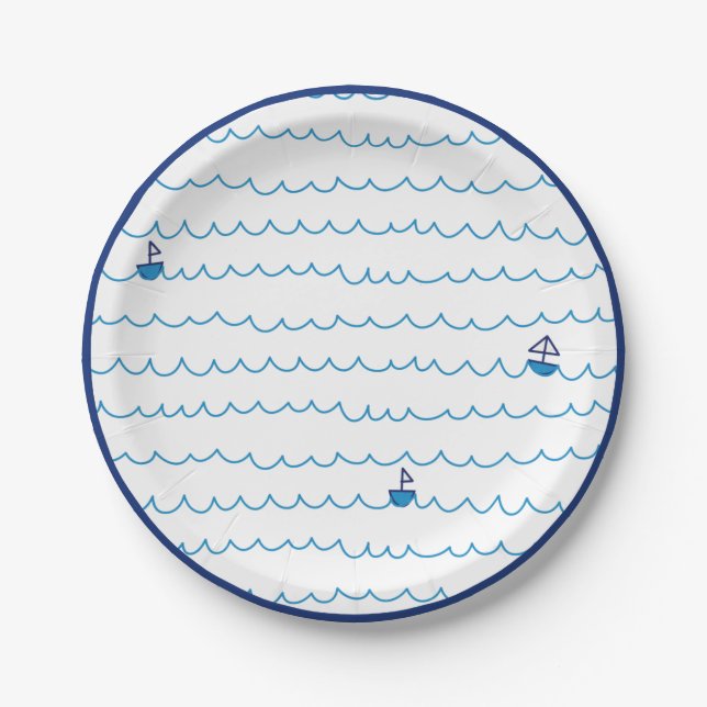 Plato De Papel Barcos azules Olas de verano Fiesta Náutica (Anverso)