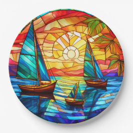 Plato De Papel Barcos de vela al atardecer