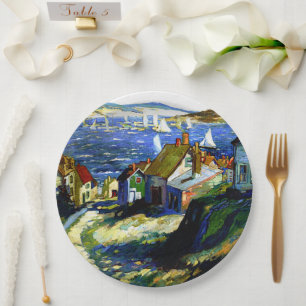 Plato De Papel Barcos de vela cerca del puerto, bellas pinturas d