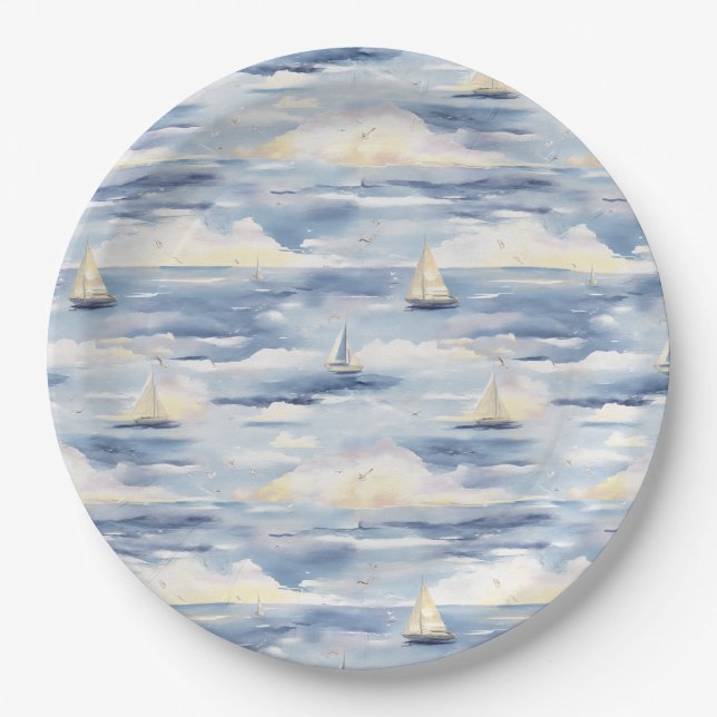 Plato De Papel Barcos de Vela Soñadores Patrón de Acuarela Oceáni (Anverso)