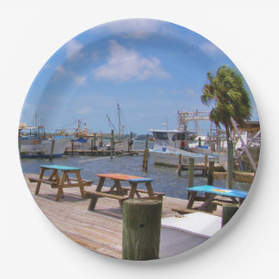 Plato De Papel Barcos y embarcadero de pesca