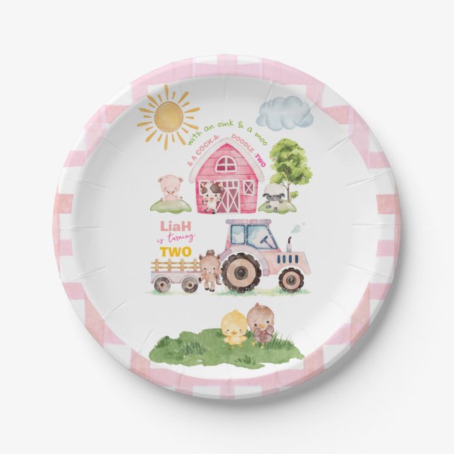Plato De Papel Barnyard Fun Pink 2nd Birthday  (Anverso)