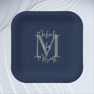 Plato De Papel Barra Mitzvah Blue Gray Name Monograma
