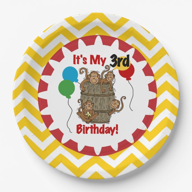 Plato De Papel Barril de monos 3Placas de papel de cumpleaños (Anverso)