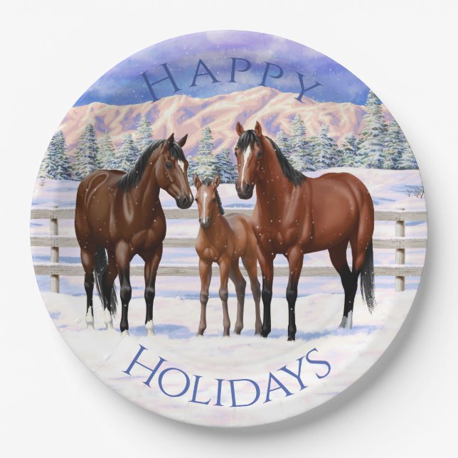 Plato De Papel Barrio Marrón de caballos en Nieve (Anverso)