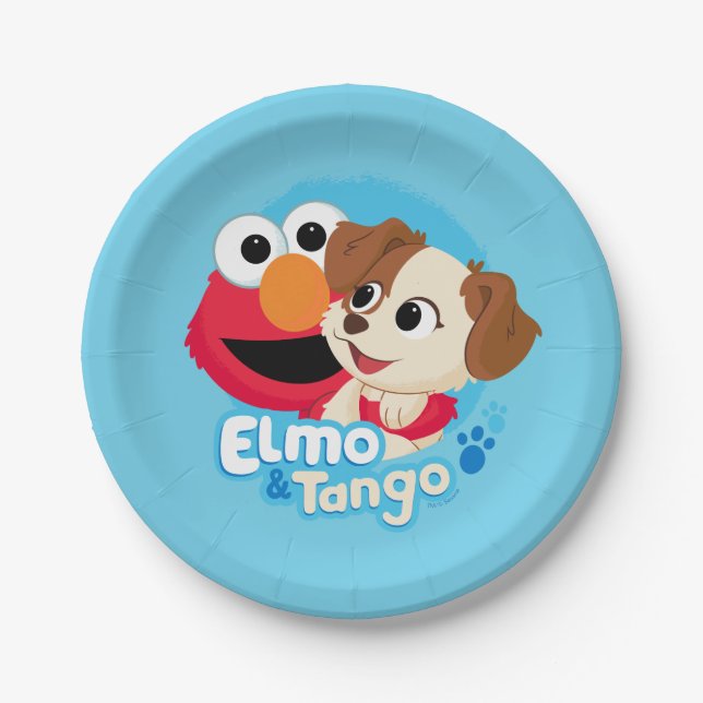 Plato De Papel Barrio Sésamo | Insignia Elmo y Tango (Anverso)