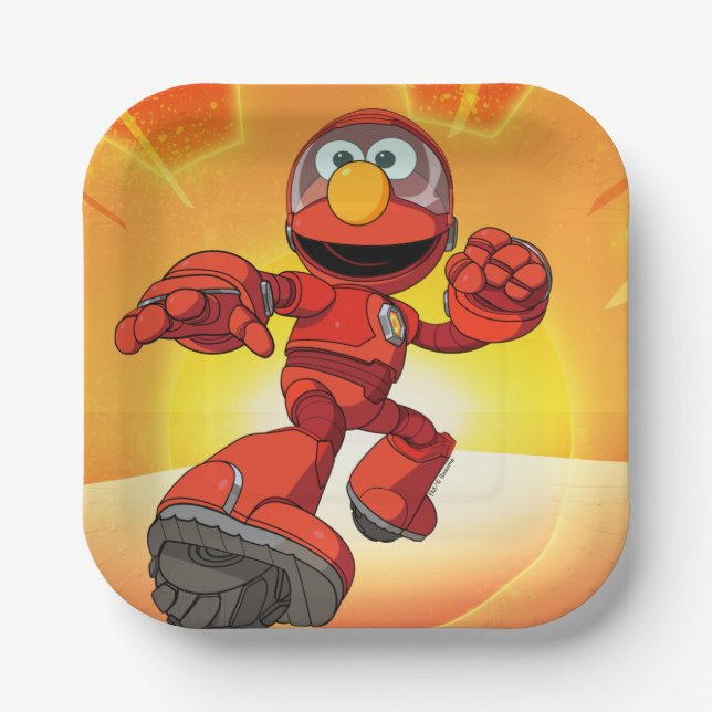 Plato De Papel Barrio Sésamo | Mecha Construye Elmo En Acción (Anverso)