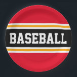 Plato De Papel BASEBALL Brillante Red Black Yellow Carreras Strip<br><div class="desc">Este diseño deportivo y atlético presenta texto en negrita de BASEBALL dentro de una franja negra amplia resaltada con doble franjas de carreras blancas y amarillas contra rayas de fondo rojo brillante. El texto de este diseño se puede personalizar.</div>